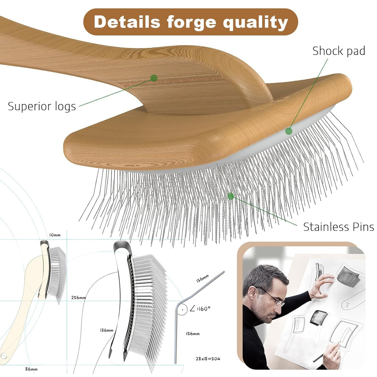 Slicker Brush for Dog, Doodles and Poodle Brush, for Tangles, Fluff Coat, Curly Hair Pets, Remove Loose Fur, Matts, Undercoat, Double Coat, 24mm Pins, 3.5''*2.4'' Head, Medium Size, Wood