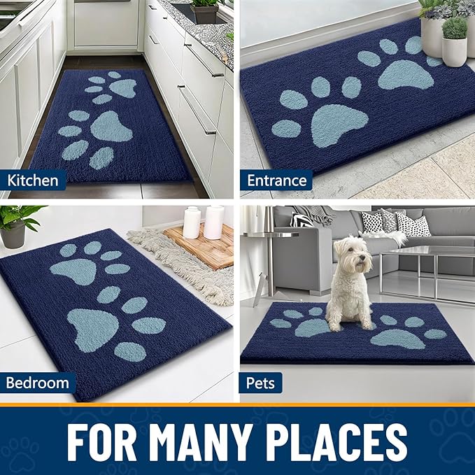 Smiry Dog Door Mat for Muddy Paws, Absorbs Moisture and Dirt, Low-Profile Entryway Mat with Non-Slip Backing, Entry Indoor Outdoor Doormat for Inside Floor (36x24 Inches, Dark Blue, Paw)