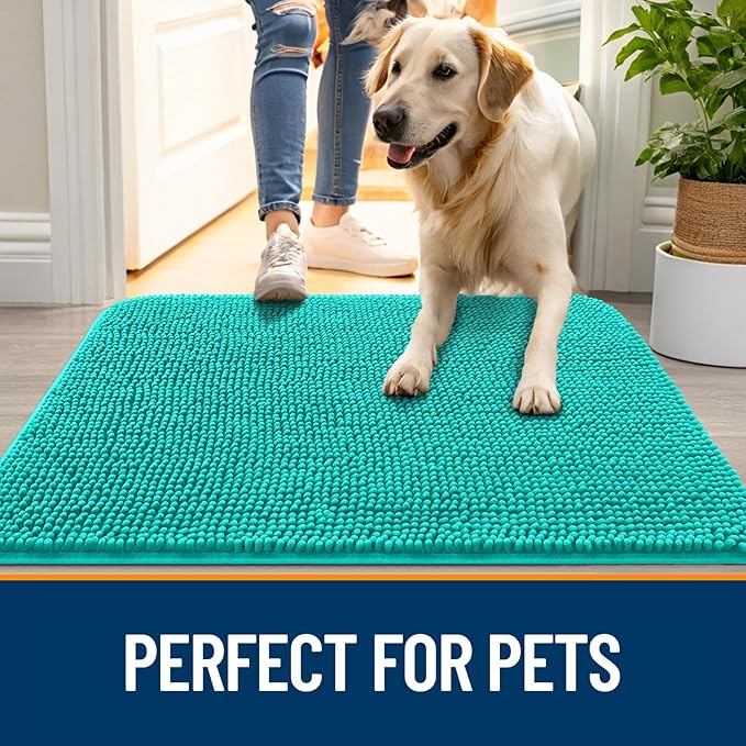 OLANLY Dog Door Mat for Muddy Paws 70x24, Absorbs Moisture and Dirt, Absorbent Non-Slip Washable Doormat, Quick Dry Chenille Mud Mat for Dogs, Entry Indoor Entryway Carpet for Inside Floor, Teal