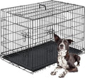 FDW Dog Crate for Large Dogs 42 Inch Folding Metal WirePet Cage Double Door W/Divider Panel Indoor Outdoor Kennel Leak-Proof Plastic Tray,Black