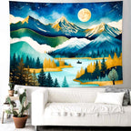 Delur Mountain Tapestry Boho Moon Stars Starry Night Tapestry Wall Hanging Forest Tree Nature Landscape Psychedelic Headboard for Bedroom Living Room Home Decor (70.8" x 92.5")