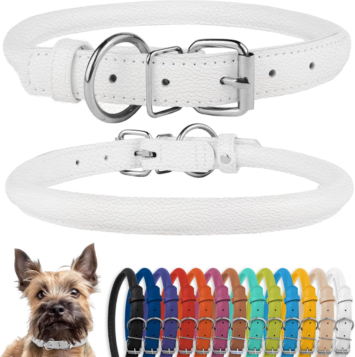CollarDirect Rolled Leather Dog Collar, Soft Padded Round Puppy Collar, Handmade Genuine Leather Collar Dog Small Large Cat Collars 13 Colors (6 Inch, White Textured)