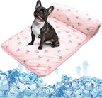 PUMYPOREITY Cooling Dog Bed, Pet Cooling Mat with Pillow, Ice Silk Cooling Dog Blanket, Self Cooling Pad for Cat,Dog, Washable Summer Pet Mat for Kennel, Crates, Sofa, Floor, Pink, L