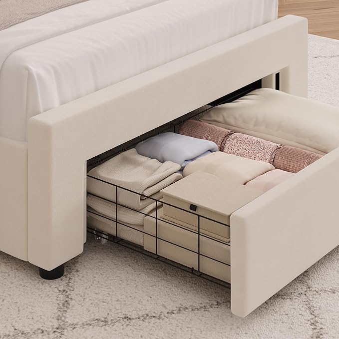 HITHOS Twin Upholstered LED Bed Frame with Storage Drawer, Velvet Kids Bed with Wingback Headboard, Princess Twin Platform Bed for Girls/Kids, Solid Wood Slats Support, No Box Spring Needed, Beige