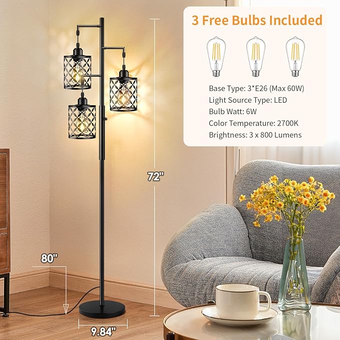 【Upgraded】72" Tall Dimmable Floor Lamp, Farmhouse Standing Lamp with Elegant Metal Cages, Industrial Tree Floor Lamps for Living Room, Bedroom, Study Room, Office (3 x 800LM LED Bulbs Included) -Black