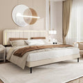 Queen Size Bed Frame with LED Lights, Upholstered Platform Bed with Adjustable Headboard, No Box Spring Needed, Noise-Free, Easy Assembly, Velvet Beige