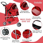 3 Wheels Dog Stroller, Foldable Pet Stroller for Small Medium Dogs, Portable Breathable Cat Stroller Dog Strollers with Storage Basket, Cup Holders, Removable Liner for Travel & Outdoor Use, Red