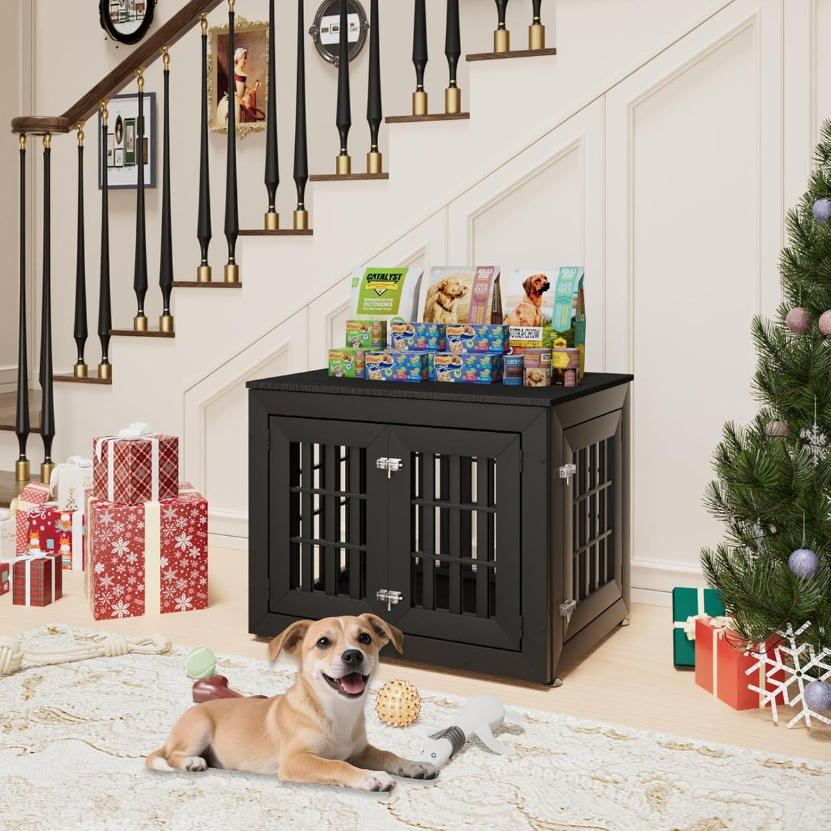 32" Heavy Duty Dog Crate Furniture for Small,Medium and Large Dogs,Rustic Wooden Dog Cage Kennel Indoor Furniture with Waterproof Top,Decorative Pet House Side End Table (Black)