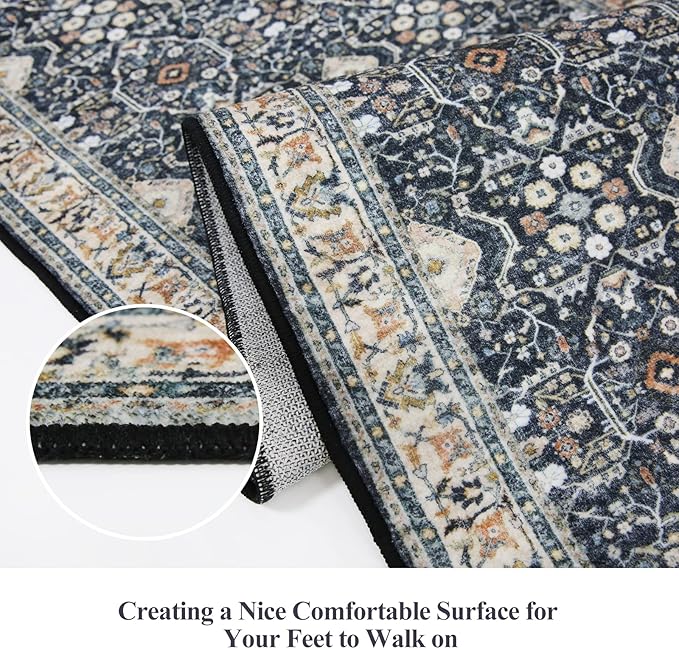 4x8 Washable Kitchen Area Rug: Farmhouse Stain-Resistant Rug for Living Room Bedroom Wide Soft Carpet for Entryway Dining Room Thin Hallway Floor Mat with Non Slip Backing Vintage Home Dcor(4x8,Black)