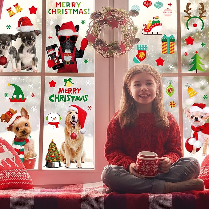 Christmas Window Clings Cat Dog Stickers for Window Glass, 290 PCS 18 Sheets Xmas Decals Decorations Christmas Cat Tree Bells Decals for Holiday Party(Dog and Cat)