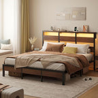Bestier King Bed Frame with Storage Headboard and Charging Station, Walnut Platform Bed Frame with LED Light, Non-Slip Metal Bed Frame, Noise-Free, Easy Assembly,Brown