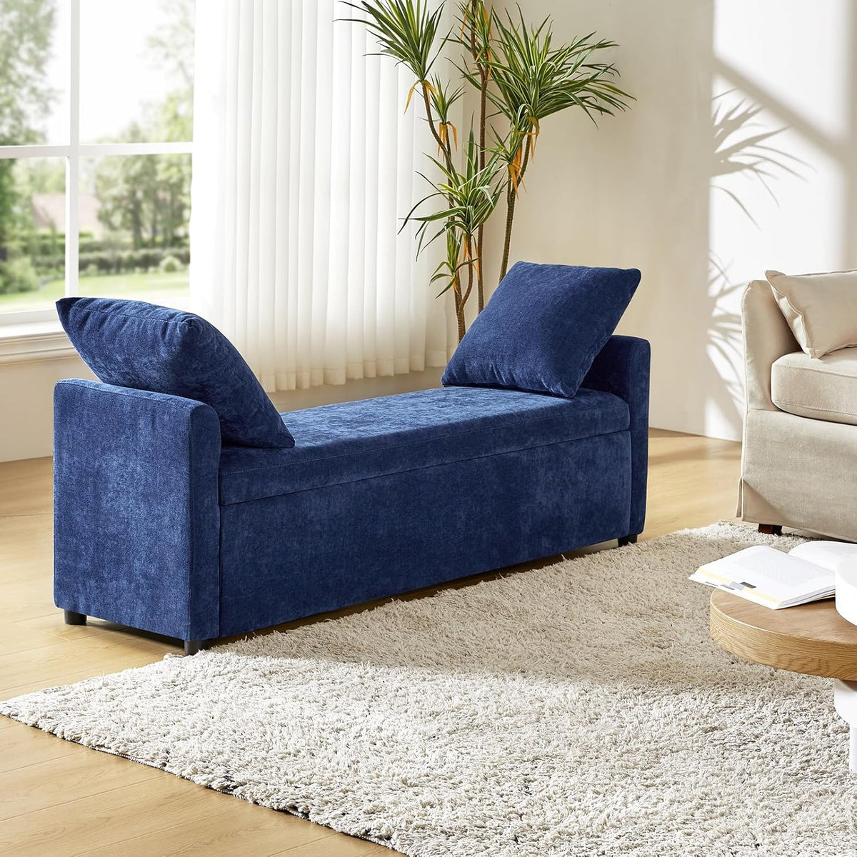 HULALA HOME Modern Storage Ottoman Bench with Throw Pillows, 59.4" Extra Long Bedroom Bench for End of Bed, Comfy Upholstered Footstool for Entryway Living Room Dining Room, Navy