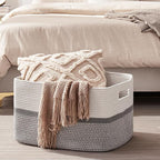 OIAHOMY Large Blanket Basket, 22”x17”x12” Rectangle Woven Baskets, Nursery Blanket Storage Living Room, Toy Storage With Handle, Large Baskets for Organizing-Grey/White