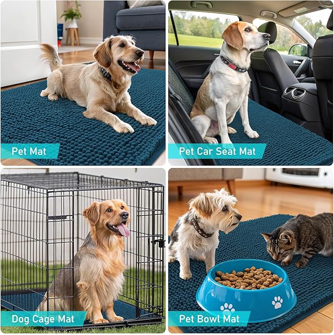 OLANLY Dog Door Mat Set 2-Piece 30x20, Absorbs Moisture and Dirt, Absorbent Non-Slip Washable Doormat, Quick Dry Chenille Mud Mat for Dogs, Entry Indoor Entryway Carpet for Inside Floor, Atlantic Blue
