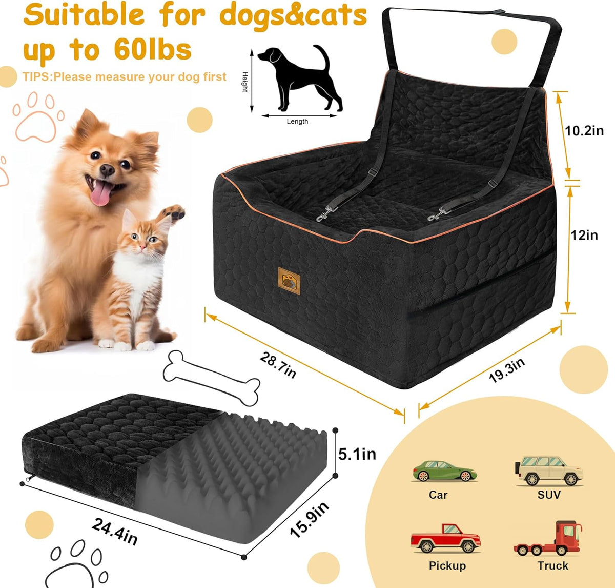 Dog Car Seat for Medium/Large Dogs, Washable Dog Booster Seat Under 60 lbs or 2 Small Dogs, Multi-Functional Pet Car Seat with Thick Cushion, 2 Safety Leashes (Black)