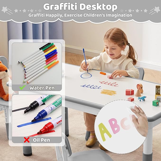 Toddler Table, 7 Level Height Adjustable Kids Play Furniture for Ages 3-8, Rectangular Plastic, 23.6" W x47.2 L, Multi-Activity Desk with Graffiti Desktop for Home & Daycare