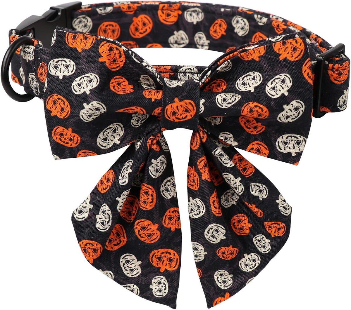 Lionet Paws Halloween Dog Collar with Bowtie - Cute Cotton Adjustable Black Bowtie Dog Collar with Metal Buckle for Small Medium Large Dog Girl Boy Gift, L, Neck 16-24in
