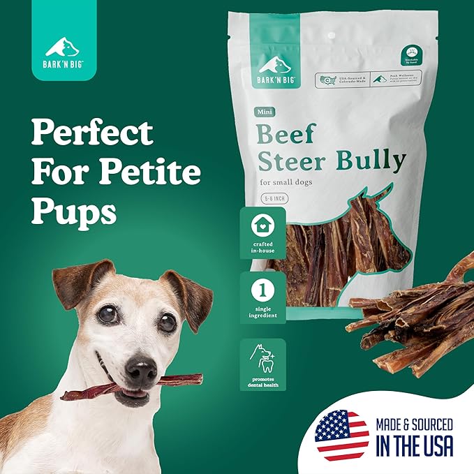 BARK'N BIG USA Beef Steer Sticks for Dogs 5-6 Inch Mini Bully Sticks - Natural Single Ingredient Dog Chews for Small Dogs & Puppies - Made in USA - 15 Count
