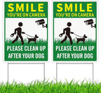 2 Pack Clean UP After Your Dog Signs, Funny Smile You're On Camera Yard Sign, 12.6X9.4 inches Corrugated Plastic Double Sided Sign with Metal H-Stake, No Pooping Dog Signs for Yard, Easy to Mount