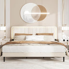 Queen Size Bed Frame with LED Lights, Upholstered Platform Bed with Adjustable Headboard, No Box Spring Needed, Noise-Free, Easy Assembly, Velvet Beige