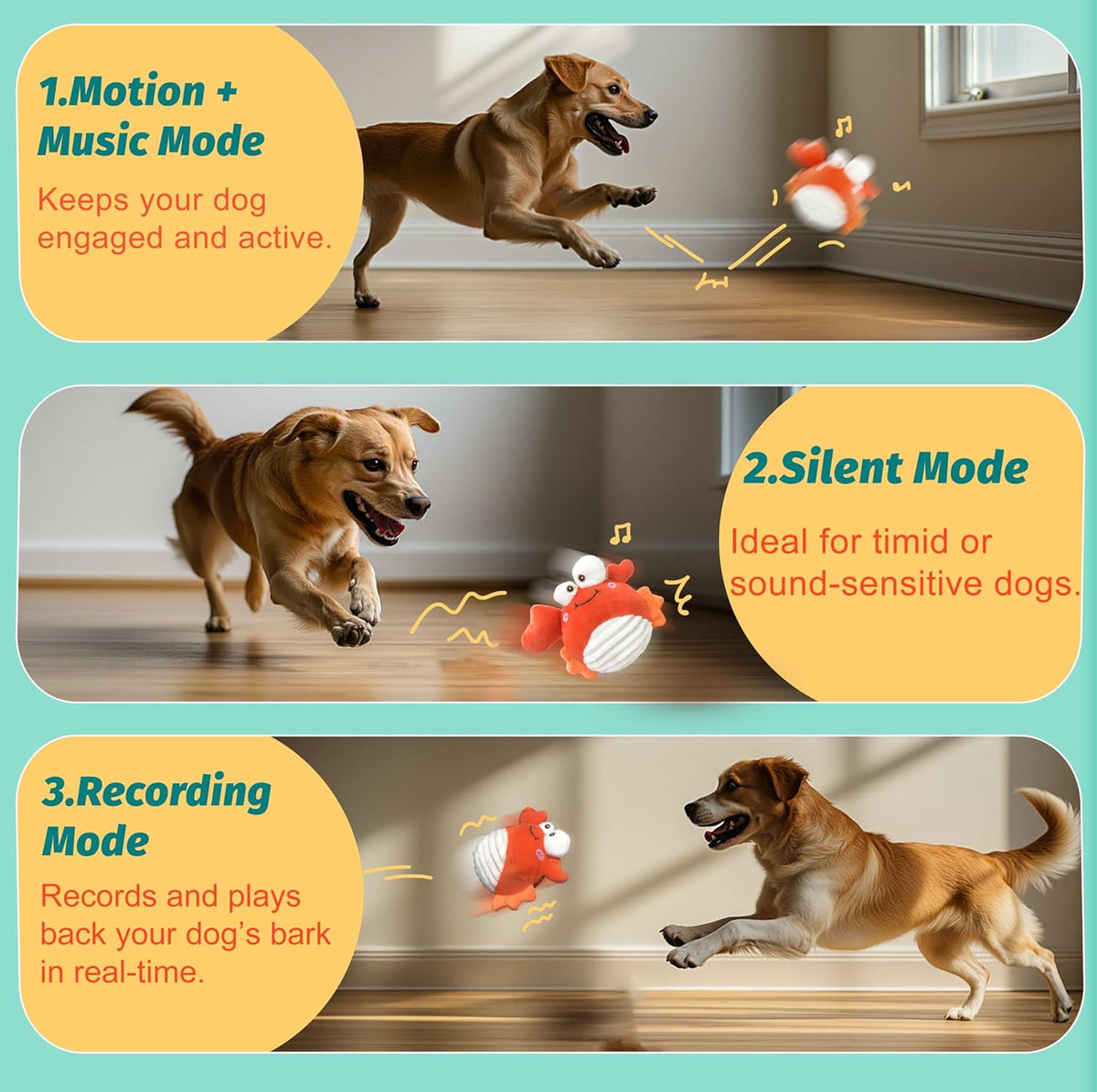 Crab Interactive Dog Toys – Rechargeable Self-Play Toy with Motion-Activated Ball & Music Recording Modes for Small, Medium & Large Dogs, Moving Dog Toy to Keep Them Busy