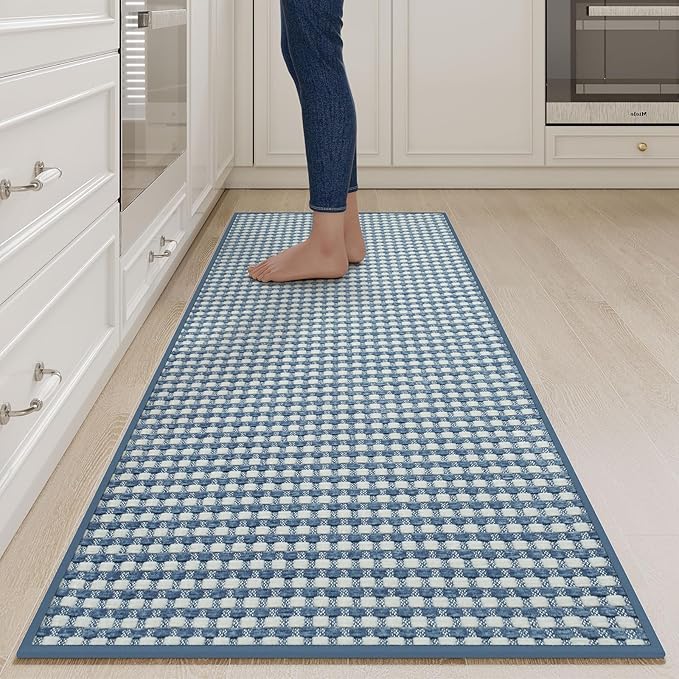 Long Kitchen Runner Rugs Kitchen Mat Non Slip Washable, Super Absorbent Soft Chenille Braided Kitchen Mats for Floor, Rubber Backing Kitchen Floor Sink Standing Mat, Easy Clean, Blue 24"x71"