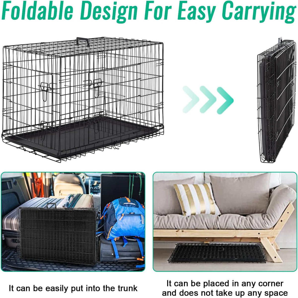 FDW Dog Crate for Large Dogs 42 Inch Folding Metal WirePet Cage Double Door W/Divider Panel Indoor Outdoor Kennel Leak-Proof Plastic Tray,Black