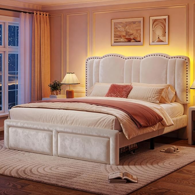 EnHomee Queen Bed Frame with LED, Velvet Upholstered Cloud Headboard and Drawers, Bed Frame Queen Size with Height Adjustable Headboard, Solid Wooden Slats, No Box Spring Needed, Easy Assembly, Cream