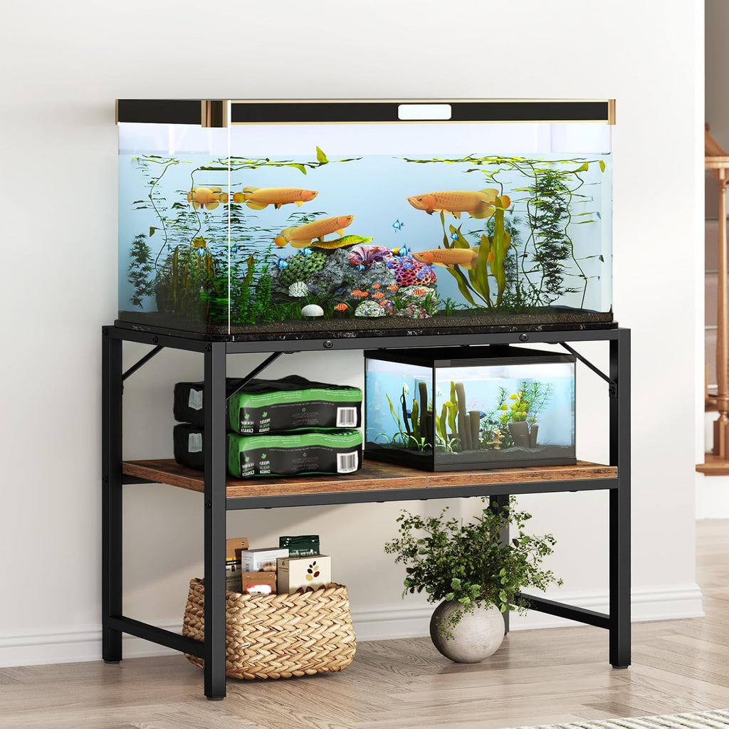 40-50 Gallon Fish Tank Stand, Aquarium Stand with 2-Tier Storage Shelves, Heavy Duty Breeder Turtle Terrarium Stand Rack for Home Office, 36.2" L x 18.9" W x 24.4" H, Rustic Brown FTHR4001