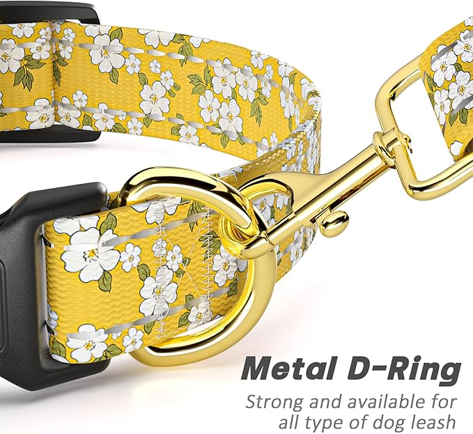 Reflective Dog Collar for Small Dogs, Cute Flower Theme Adjustable Heavy-Duty Nylon Puppy Collar for Boy and Girl Female, Soft Pet Accessories with Quick Release Buckle, Yellow