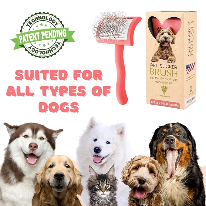 Slicker Brush for Dogs - Long Pin for Poodles, Doodles & Long Haired Dogs, Deshedding & Dematting Tool, Slicker Dog Brushes for Grooming (Coral, Flat Medium)