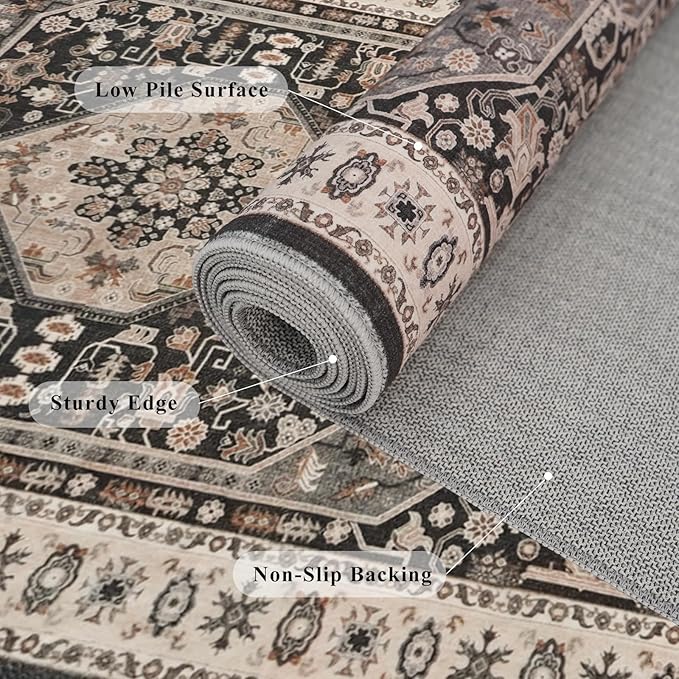 2x8 Halway Washable Runner Rug - Ultra-Soft Wide Kitchen Carpet with Non Slip Backing Stain Resistant Bedroom Laundry Rugs Durable Vintage Distressed Floor Decoration Mat for Bathroom 2x8 Black