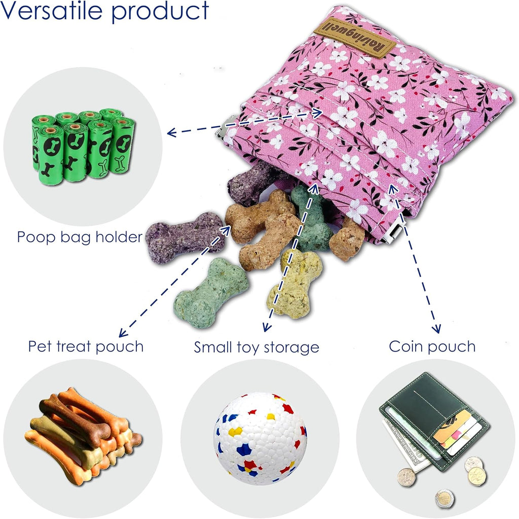 Dog Treat Pouch, Small Cotton Pocket Sized Training Holder, Hand Free Walking Fanny Bag with Carabiner, Self-Closing Pet Feed Snack Reward, Behavior Aids for Puppy Travel or Outdoor Use