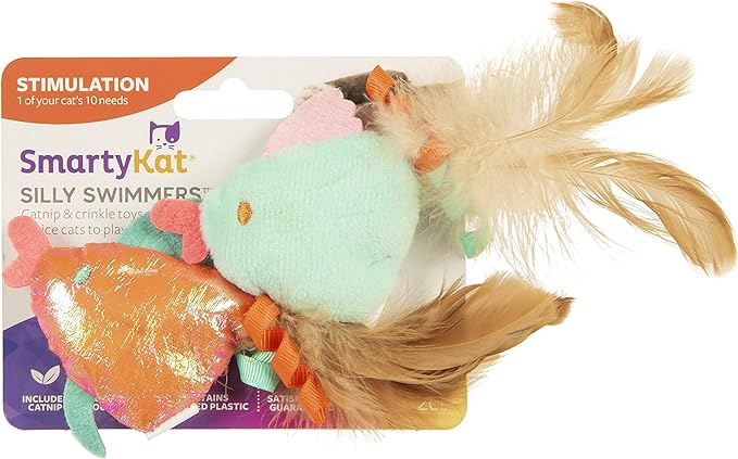 SmartyKat (2 Count) Silly Swimmers Crinkle Plush Catnip Cat Toys - Orange/Turquoise, 2 Count
