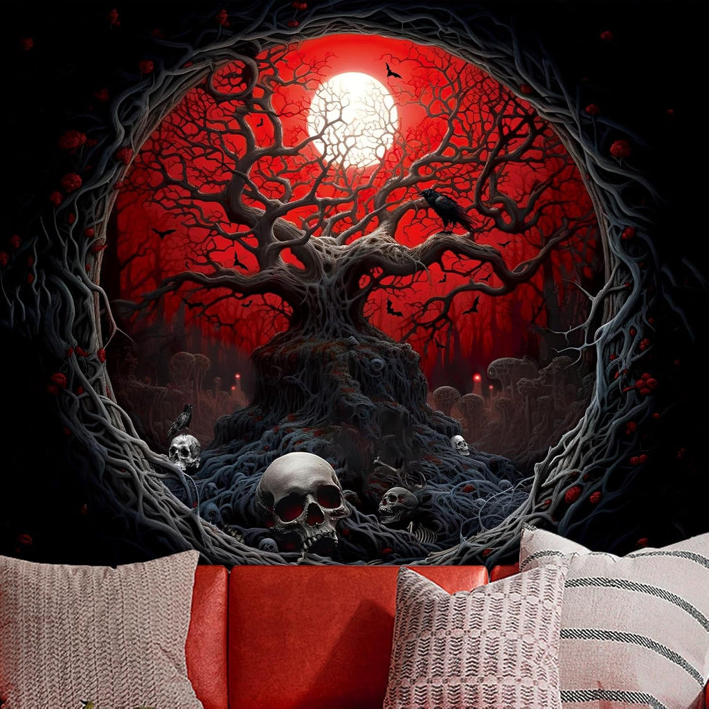 Atrippy Halloween Black Red Anime Tapestry, Gothic Dark Forest Moon Wall Hanging, Nature Skull Withered Tree Landscape Tapestries for Bedroom Living Room Men Dorm 51x 60 Inches