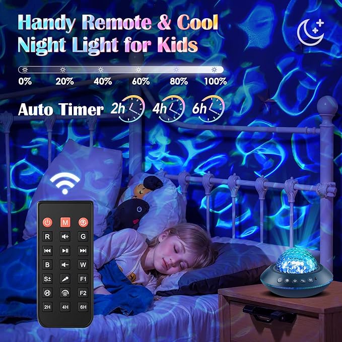 Mubarek Galaxy Projector for Bedroom, White Noises & Bluetooth Night Light Projector,360° Full Coverage Ceiling Projector Galaxy Light Projector,Remote Timer Night Sky Projector Ocean Light Projector