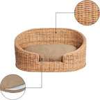DBD1000B Curvy 28.5" x 17.25" Classic Handwoven Rattan Pet Bed with Machine-Washable Cushion, Light Brown