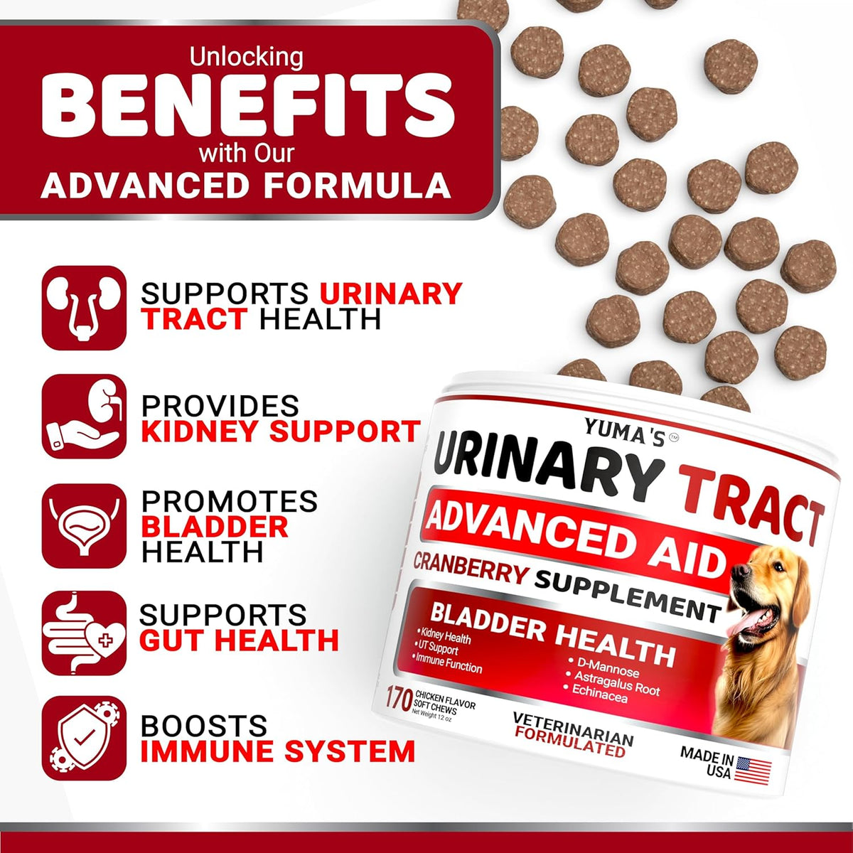 Dog UTI Treatment - 170 Treats - Cranberry Supplement for Dogs - Bladder Control - Urinary Tract Infection Treatment - UTI Medicine Multivitamin - Vitamins and Supplements - Made in USA