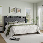 SHA CERLIN King Size Platform Bed Frame with Charging Station, Velvet Wingback Headboard with Storage Shelf, Wooden Slats Support, Ample Under-Bed Space, No Box Spring Needed, Easy Assembly, Dark Grey