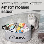 Sea Team Cat Toy Storage Basket with Handles, 16.5 x 11 x 7 Inches, 4.4 Gallons Large Cotton Rope Storage Bin, Shelf Basket, Organizer for Pet Chew Toys, Foods, Grey Meow