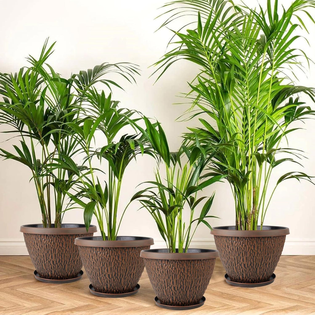 4 Pack 10 Inch Plant Pot, Flower Pots Outdoor with Drainage Hole & Tray, Thickened Plastic Planters for Indoor Outdoor Plants, Lightweight Modern Decorative Garden Pot with Saucer