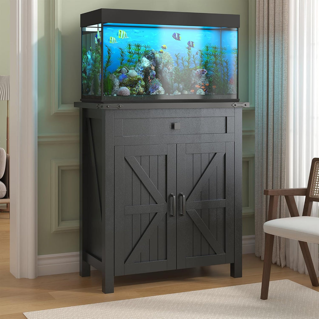 20 Gallon Aquarium Stand With Charging Station, Farmhouse Fish Tank Stand, Reptile Tank Stand Terrarium Stand with Drawer and Cabinet Storage, Sturdy Heavy Duty 27.6"×15.7" Tabletop - Black