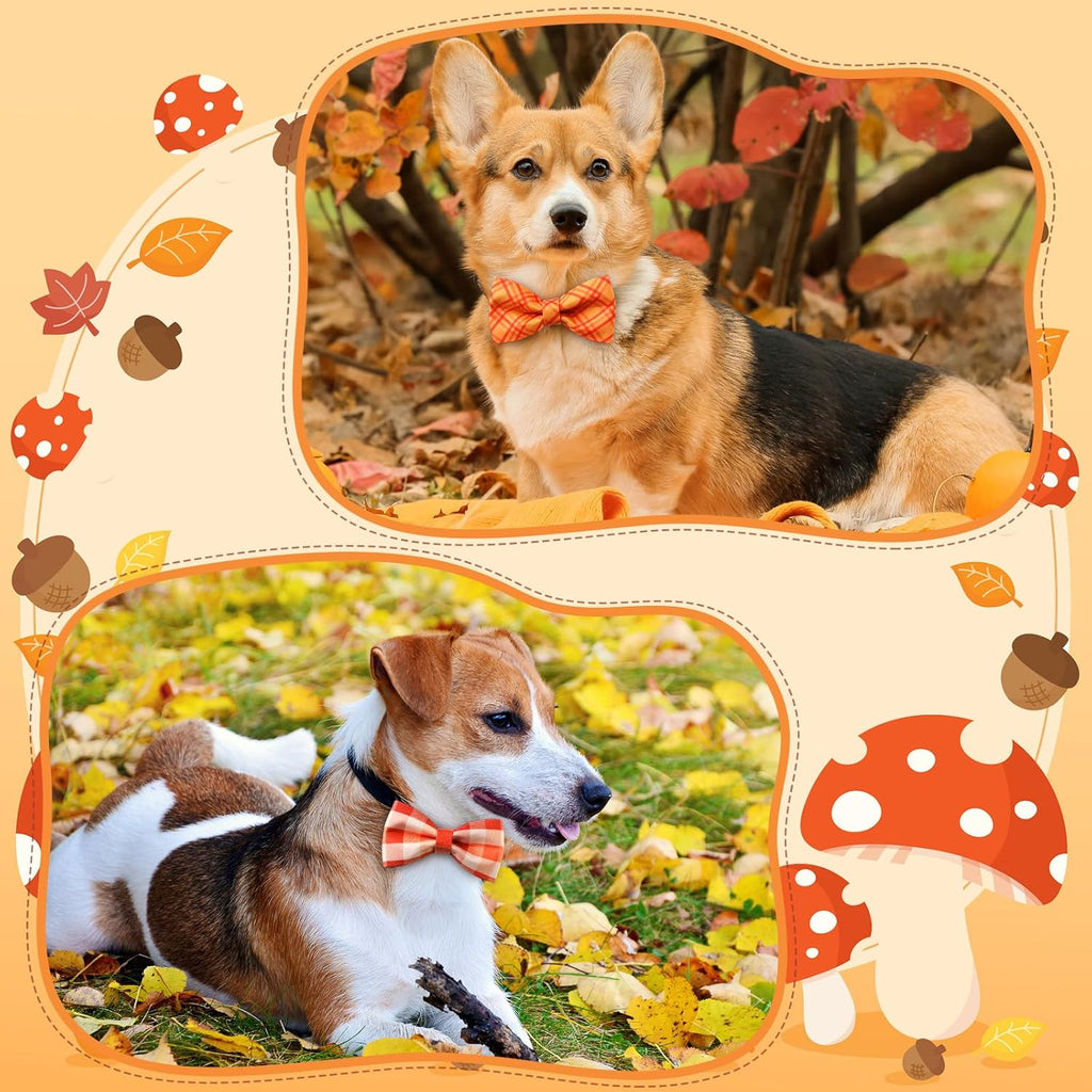 Hillban 50 Pcs Fall Thanksgiving Dog Collar Bow Ties Plaid Gingham Dogs Collar Accessories Bow Ties Attachment with Elastic Bands Detachable Charms for Pet Costume Photo Props Accessories Pet Shops