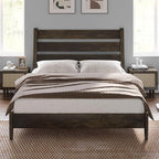 VanAcc Solid Wood Queen Bed Frame, Platform Bed with Reclining Slatted Headboard, Mid Century Bed Frame with Wood Slat Support, Dark Brown