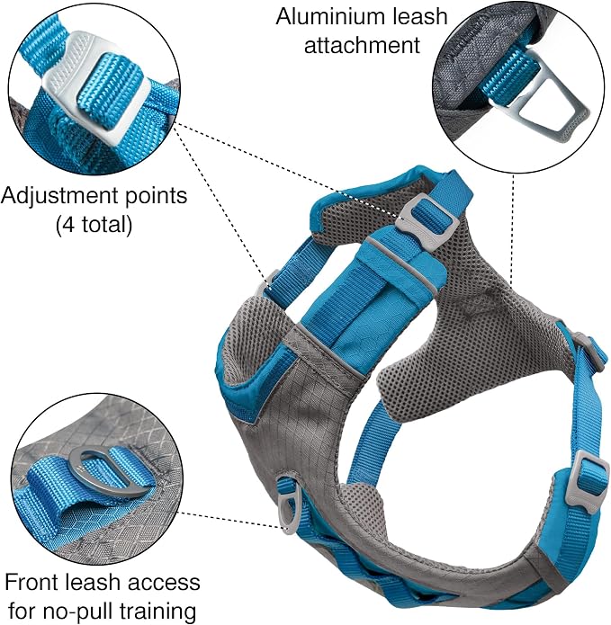 Kurgo Journey Air Dog Harness, Blue, Small | Padded Chest, Ripstop Outer & Breathable Mesh, Back Assist Handle, Rust-Free Aluminum Hardware, Reflective Trim