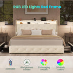LARMACE Queen Size Bed Frame with 4 Storage Drawers and Charging Station, Velvet Upholstered Platform Bed Frame with LED Headboard, Noise Free, Easy Assembly, Beige