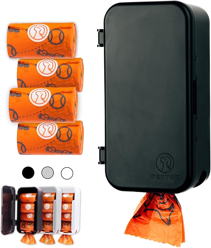 Dog Poop Bag Dispenser - Outdoor or Indoor Pet Waste Bag Dispenser Station - Stick-On or Screw-On Wall Mount - Poop Bags Storage Outdoor Container - Includes 4 Doggie Bag Rolls (Black)