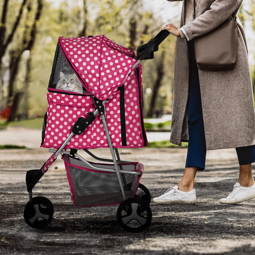 MoNiBloom 3 Wheels Pet Dog Cat Stroller for Small Medium Dogs Cats, Foldable Jogger Stroller w/Storage Basket and Cup Holder, Hot Pink Polka Dots