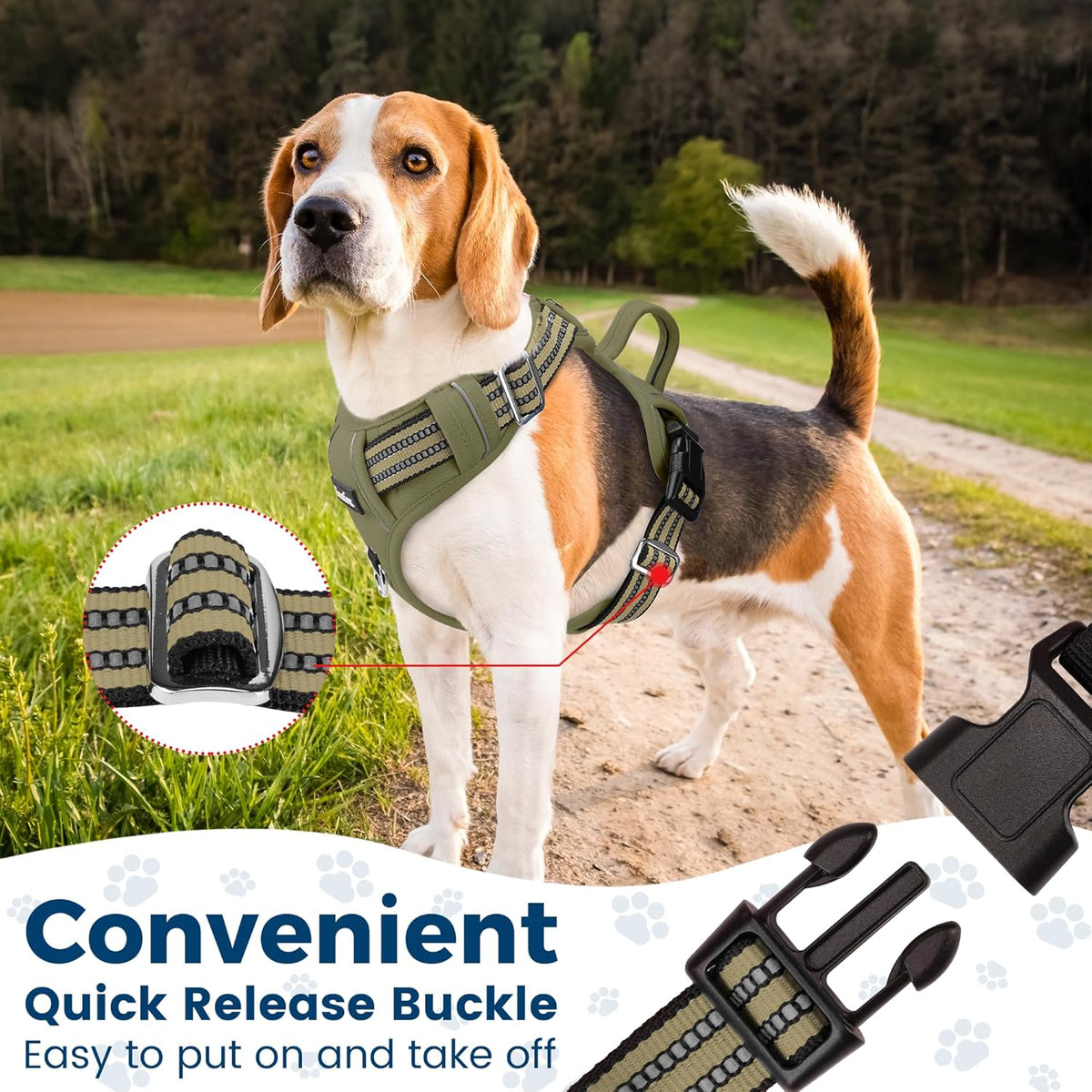 Funfox Dog Harness No Pull, Adjustable Pet Vest Harness, Super Soft Material with Vertical Handle Easy Control, Reflective Night Walking, 2 Leash Clips for Large Dogs, Army Green, L