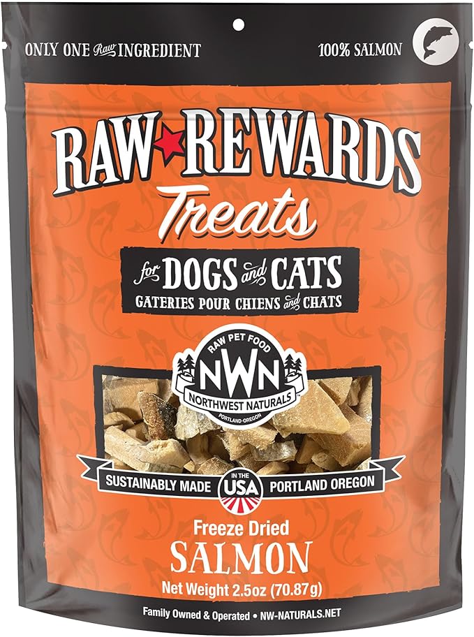 Northwest Naturals Raw Rewards Freeze-Dried Salmon Treats for Dogs and Cats - Bite-Sized Pieces - Healthy, 1 Ingredient, Human Grade Pet Food, All Natural, Proudly Made in USA, 2.5 Oz